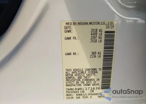 2020 Nissan Altima Sr Intelligent Awd z USA, uszkodzony, nr VIN 1N4BL4CW9LC171636